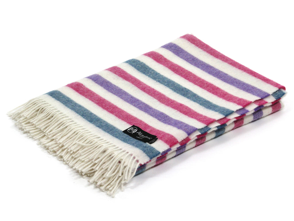 Striped Lambswool Herringbone Blanket - Blue/Carnation/Purple